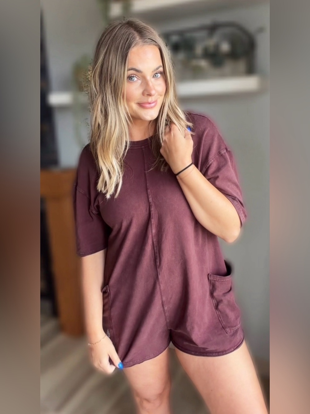 Free People Short Sleeve Pocket Romper - Wine